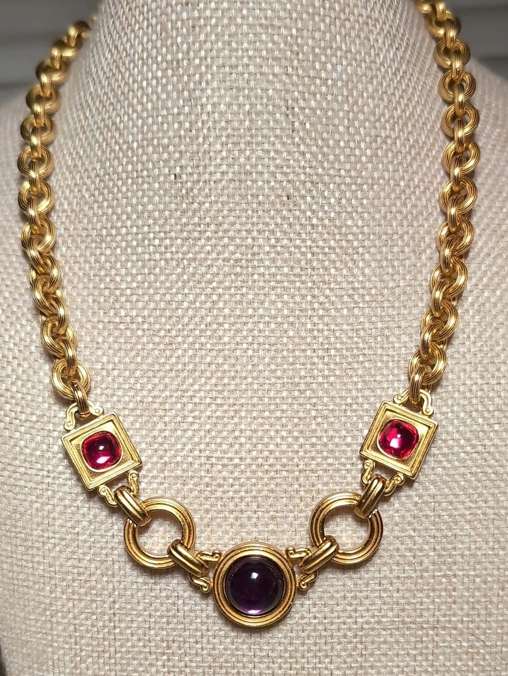 Monet For YSL Signed Geometric Ruby Red And Purple Lucite Cabachons Chocker